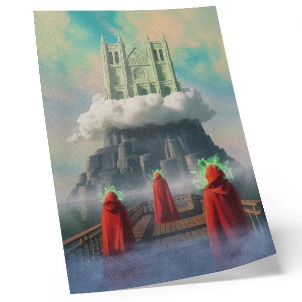 Castle in the clouds surrealist art poster featuring figures in coats