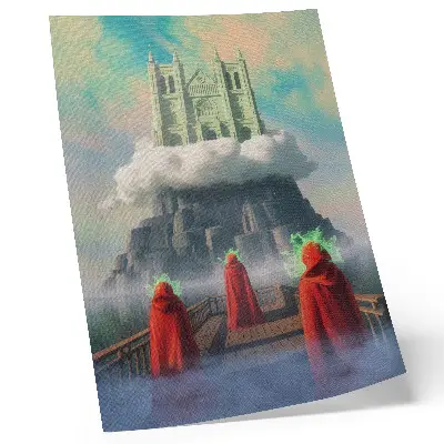 Castle in the clouds surrealist art poster featuring figures in coats
