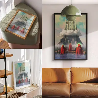 Castle in the clouds surrealist art poster featuring figures in coats