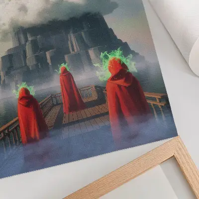 Castle in the clouds surrealist art poster featuring figures in coats
