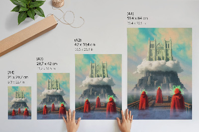 Poster Castle in the clouds figures in coats surrealism