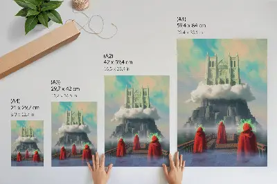 Castle in the clouds surrealist art poster featuring figures in coats