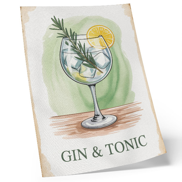Art print A glass of gin, rosemary and lemon on a green background