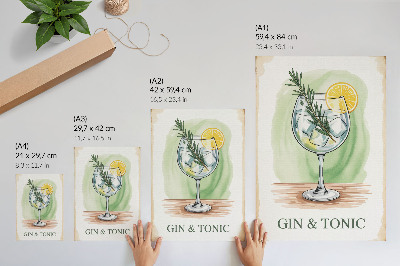 Art print A glass of gin, rosemary and lemon on a green background