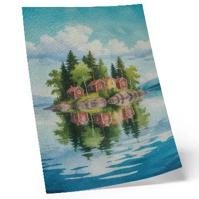 Decorative poster picturesque island with houses, trees, and calm water
