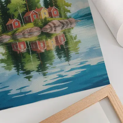Decorative poster picturesque island with houses, trees, and calm water