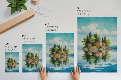 Decorative poster picturesque island with houses, trees, and calm water