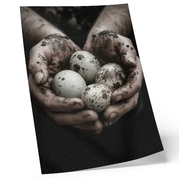 Earthy hands and quail eggs poster full of contrast