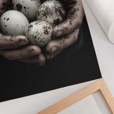 Poster Earthy hands and quail eggs full of contrast