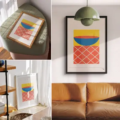 Yellow blue red geometric composition premium wall art