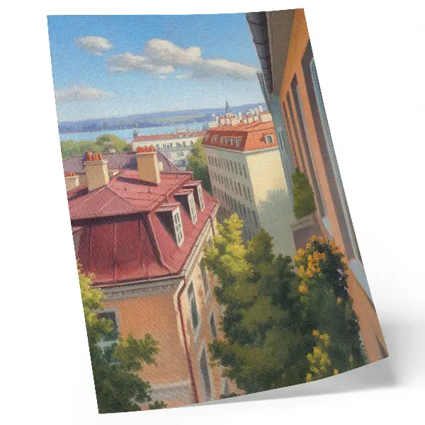 Poster lush trees with red tile and blue sky