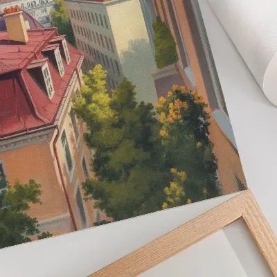 Poster lush trees with red tile and blue sky