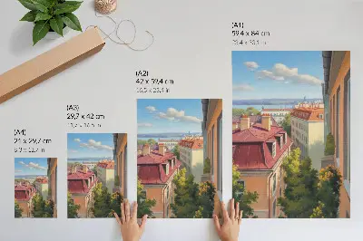 Poster lush trees with red tile and blue sky