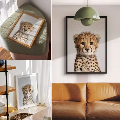 Art print featuring a minimalist cute cheetah on a delicate background