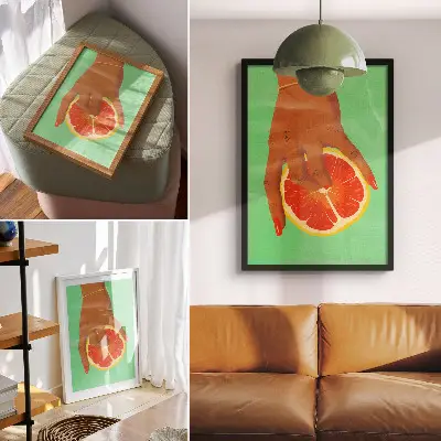 Hand with grapefruit pop art wall decor vibrant premium print