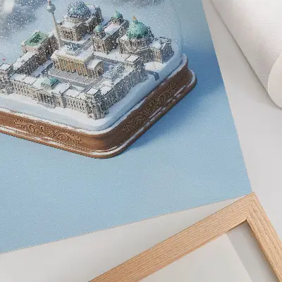Decorative poster featuring a miniature city in a glass snow globe