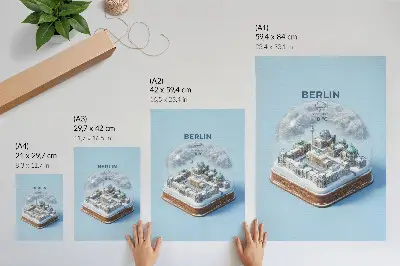 Decorative poster featuring a miniature city in a glass snow globe