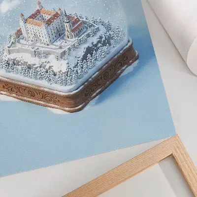 Winter globe with castle and snow illustration poster