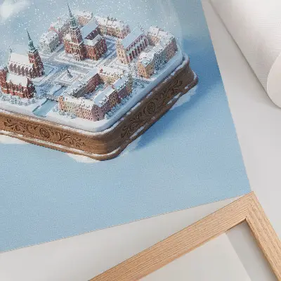 Decorative poster featuring a miniature city in a winter glass globe