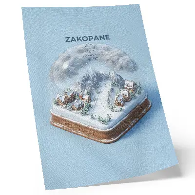 Poster winter wonderland in a sphere with calm colors and mountain charm