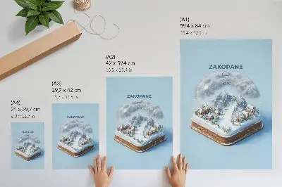Poster winter wonderland in a sphere with calm colors and mountain charm