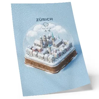 City in a glass ball art print winter snow architecture