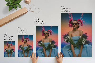 Decorative poster Woman with flowers against the backdrop of a sunset