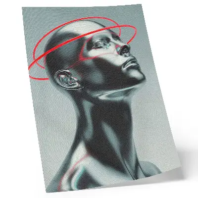 Decorative poster featuring a futuristic modernity sculpture in red and gray