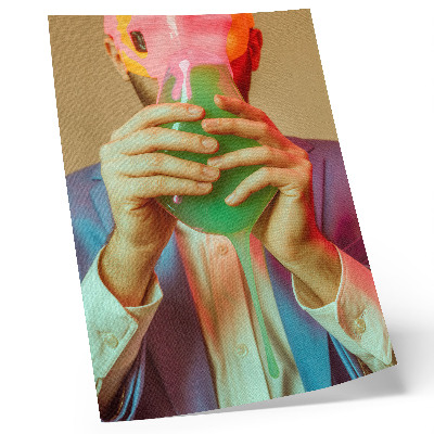 Art print A colorful mask in the hands of a surreal figure