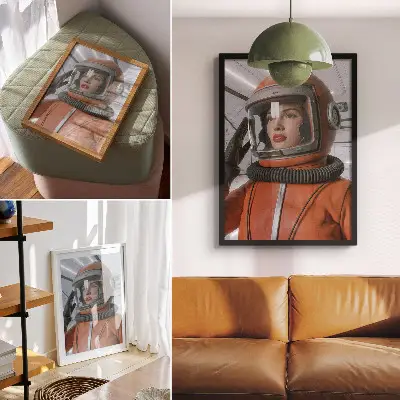Premium wall art modern orange space figure in a spacesuit