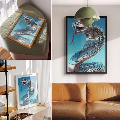 Decorative poster metallic snake with blue background and red intensity