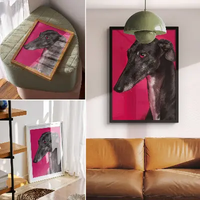 Decorative poster black and white dog on an intense pink background