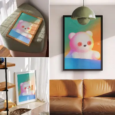Colorful teddy bear decorative poster modern style with a gradient background