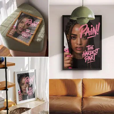 Decorative poster with pink lettering and a dynamic atmosphere