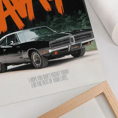 Poster classic car with orange lettering and a nature theme
