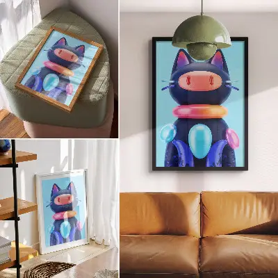 Art print featuring an adorable creature in a futuristic atmosphere with vivid colors