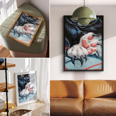 Premium wall art cat with claws in vivid colors with intense dynamics