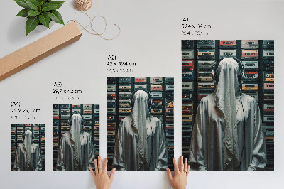 Art print A figure in white in front of a wall of cassette tapes
