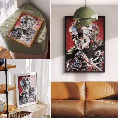 Art print electrifying silver skeleton on a red background