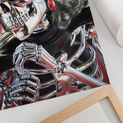 Art print electrifying silver skeleton on a red background