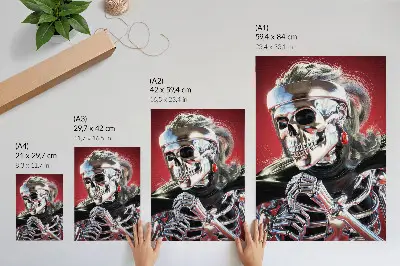 Art print electrifying silver skeleton on a red background