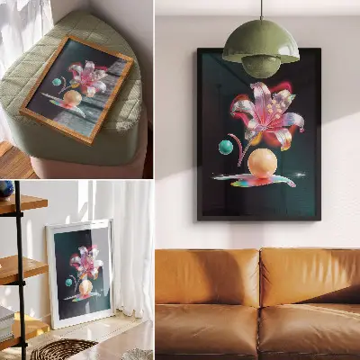 Colorful abstraction with a lily and balls poster
