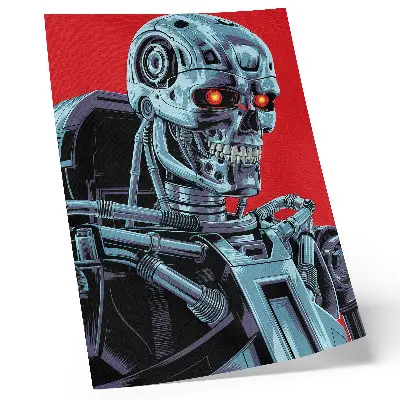 Futuristic robot poster on a red background