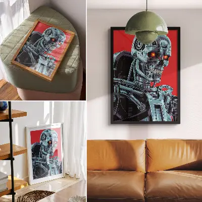 Futuristic robot poster on a red background
