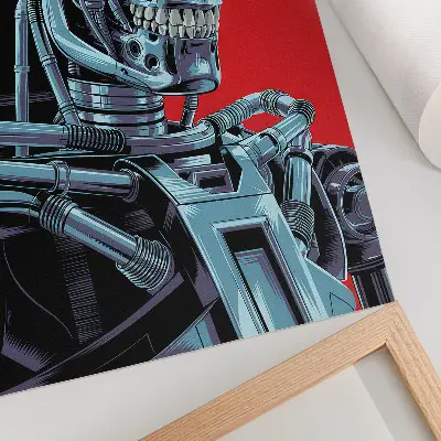 Futuristic robot poster on a red background