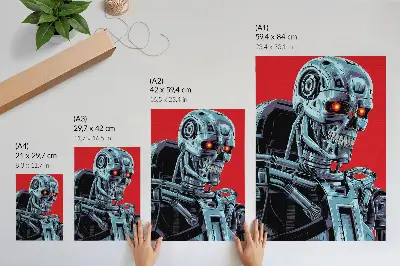 Futuristic robot poster on a red background