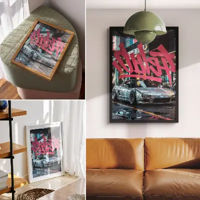 Decorative poster sports car with modern city life graffiti vibe