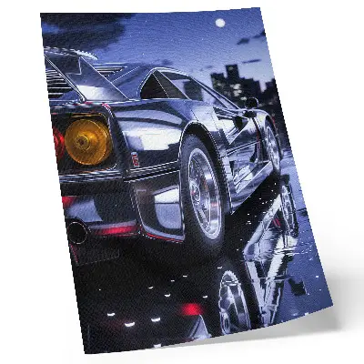 Art print sports car with glowing headlights in the city at night