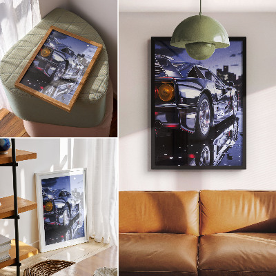 Art print Sports car city night headlights glow