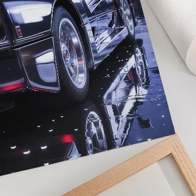 Art print sports car with glowing headlights in the city at night